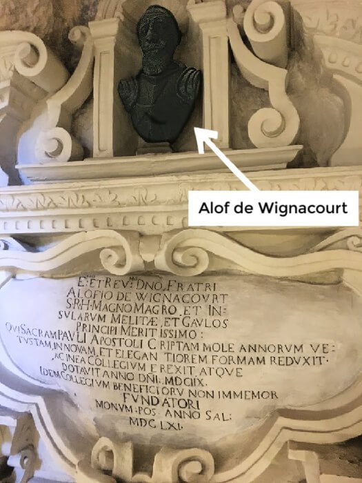 A bust thanking Alof de Wignacourt in St. Paul's grotto.